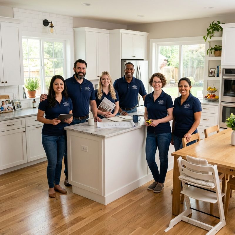 Sandinrayli staff standing in a family kitchen with product plans on the counter