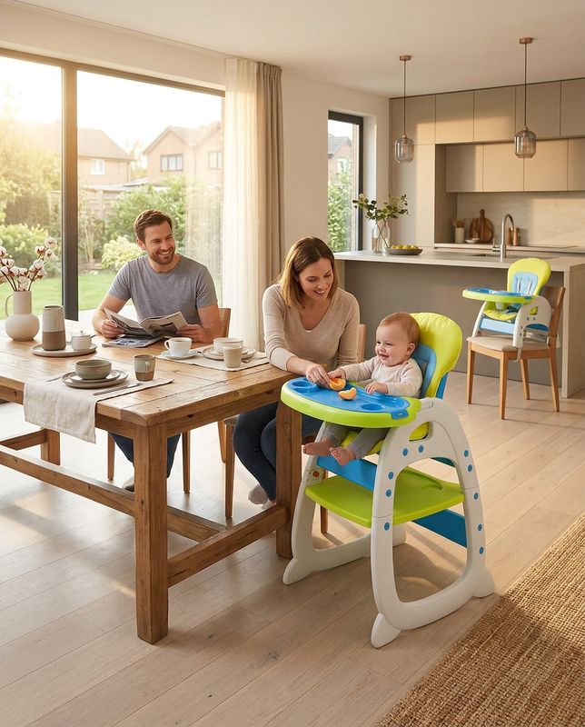 Toddler seated in the convertible high chair at a family breakfast table