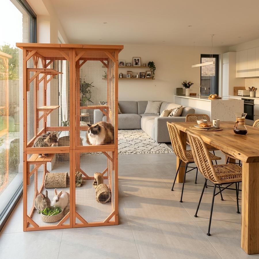 Sandinrayli Outdoor Wooden Cat and Rabbit Enclosure in a home setting