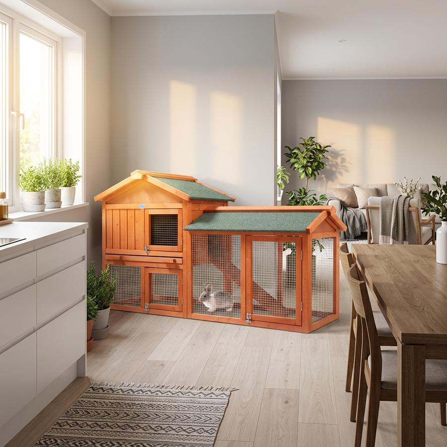 Sandinrayli 2-Tier Rabbit and Chicken Hutch with Run in a home setting