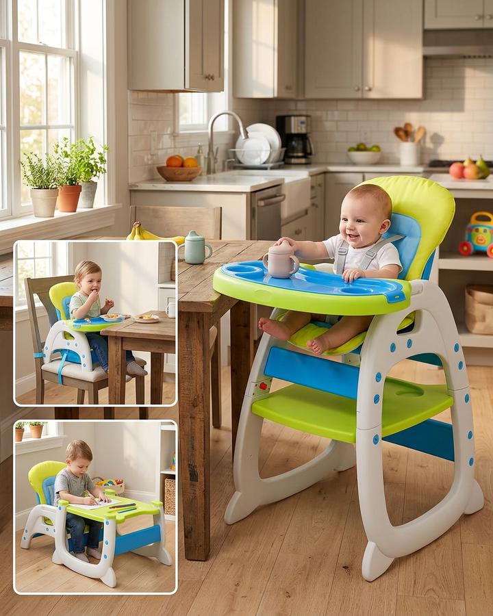 Wide high chair tray holding a plate and toys during a toddler meal