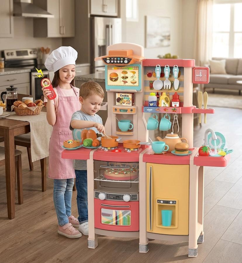 Sandinrayli 65-Piece Kids Kitchen Playset, Pink in a home setting