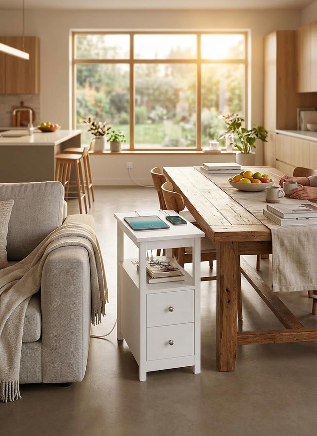 Sandinrayli End Table with Charging Station, White in a home setting